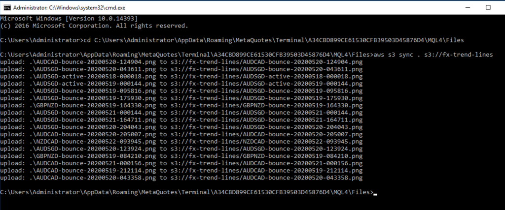 Directory of files in the windows terminal; Files have been successfully uploaded to AWS S3