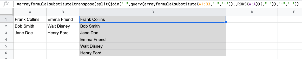 The final formula for concatenating multiple columns into one using QUERY function
