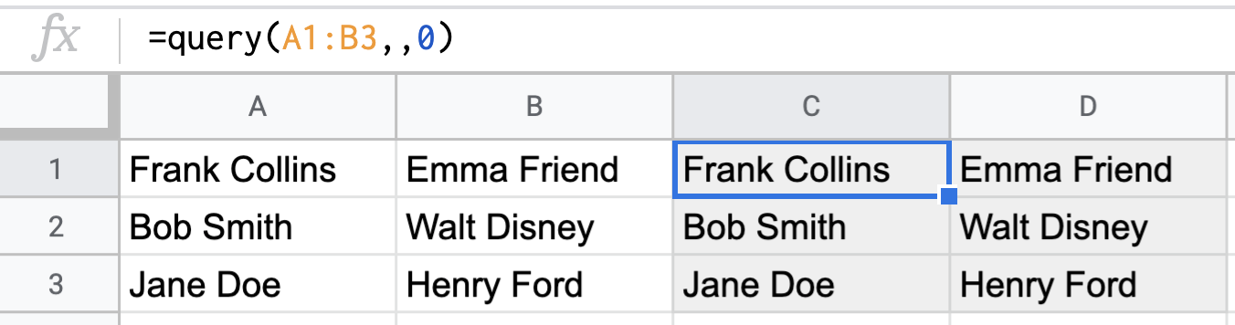 Simple data set containing spaces (eg. first name and last name) using QUERY function with no header