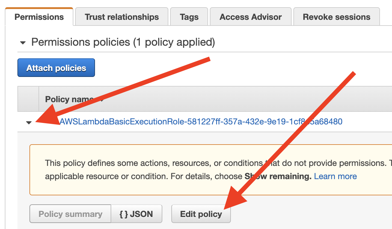 Edit Lambda user’s permissions