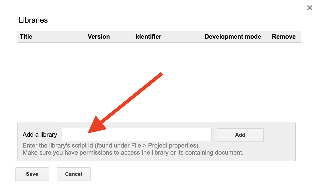Insert your Google App Script ID into the ‘Add a Library’ field