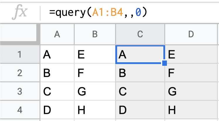 Simple data set showing QUERY function with no header