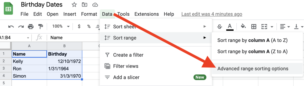 To sort a range highlight first, then click Data, then Sort Range, then Advanced range sorting options