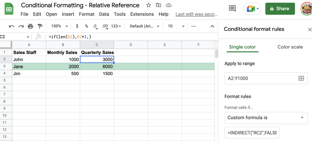 New column added with formula and conditional formatting not applying on top row A2:Y1000