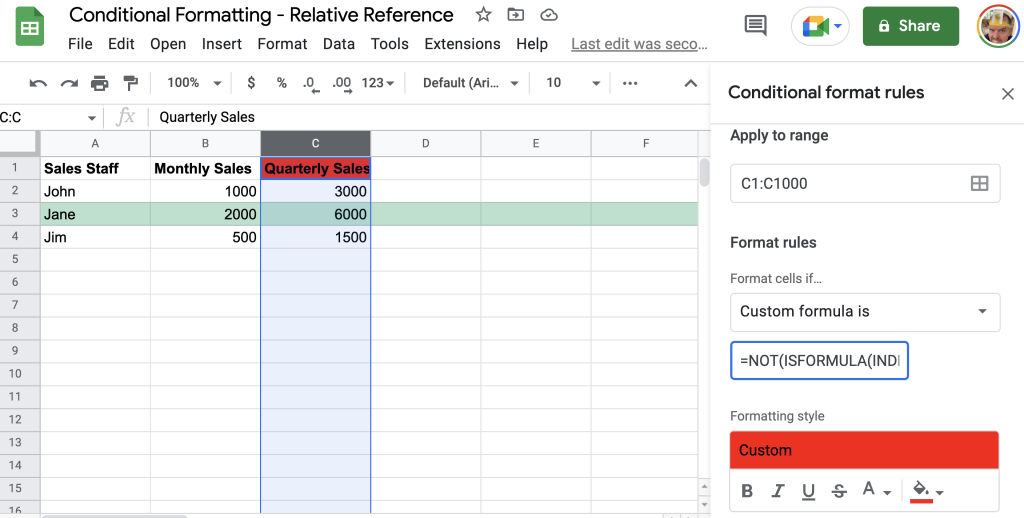 Highlighting a range red if it does not contain a formula