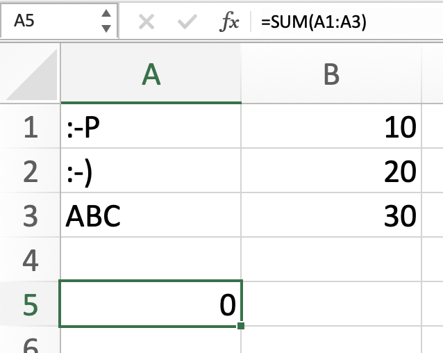 SUM on cells containing text values returns 0