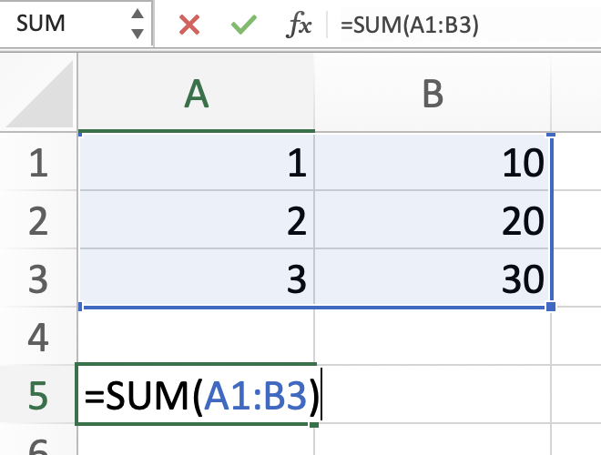 SUM a range of cells (A1 to B3)