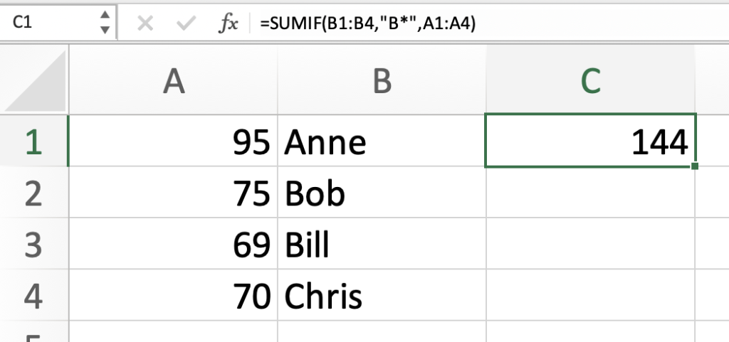 SUMIF formula with criteria to sum only if cells in B1 to B4 starting with “B”