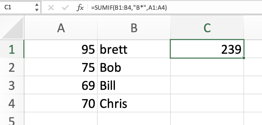 SUMIF with letter criteria is case insensitive