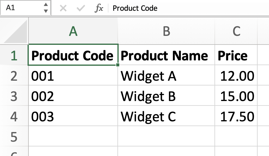A simple table with product identifiers (code) in column A, the name of the product in column B and the corresponding sale price in column C