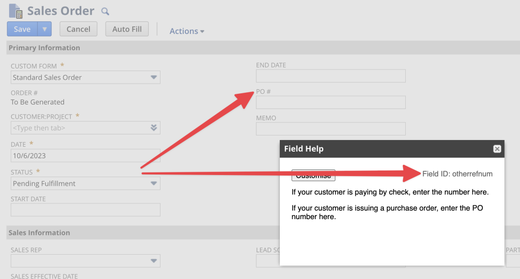 Finding the PO# field ID by clicking on the label in a Sales Order