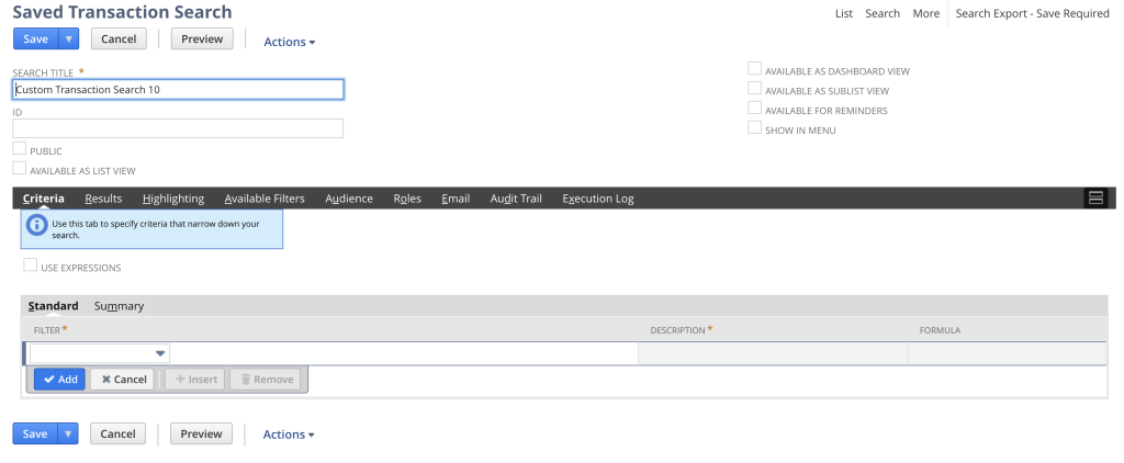 An empty Netsuite Transaction Saved Search