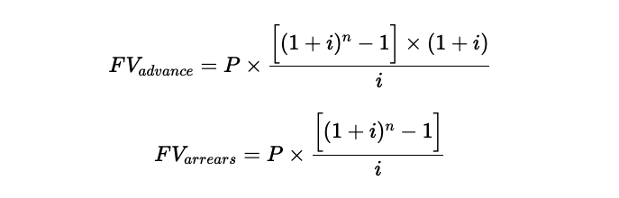 Two future value formulas displayed using Latex. The two formulas correspond to future value calculations depending on whether payments are made in advance or in arrears.
