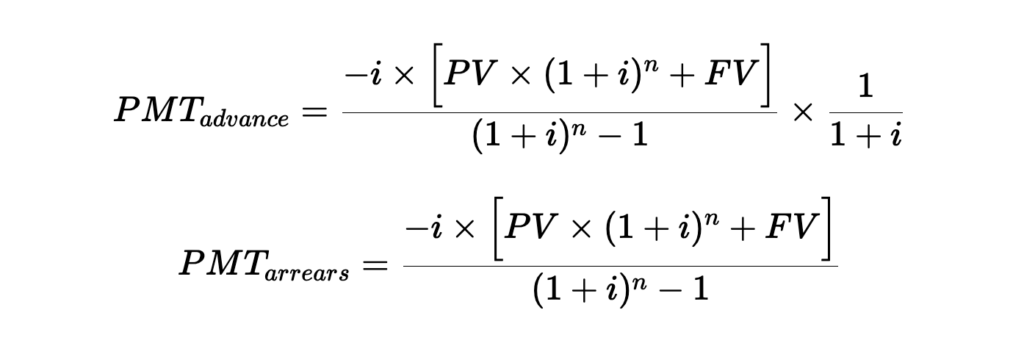Formulas for calculating the advance and arrears payment amounts according to interest rate, number of periods and present value (and future value).